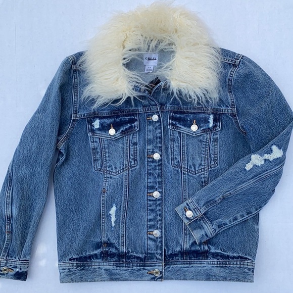 NEW GUESS 90s Iconic Faux-Fur Denim Jacket SZ S - Picture 8 of 11